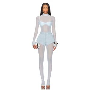 Lapointe Mesh Mock Neck Catsuit‎ in Light Indigo